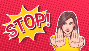 A pop art style woman holds her hands out with a massive stop sign