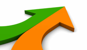 A picture of a green half arrow, joining an orange half arrow