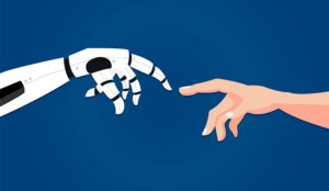 A picture of a robot hand and a human hand