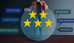 Happy Modern People Holding a Transparent Speech Bubble with Five Stars Rating and Positive Review on Card
