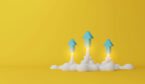 Three arrows soaring on yellow background. Business development to success and growing growth concept