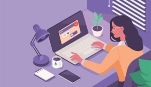 lady at computer on purple background