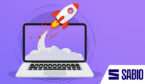 New product launch concept with rocket coming from laptop