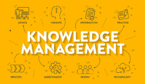 Knowledge management systems or KMS illustration representing systematic process of advice, insights, information, practice, process, improvement, people and technology.