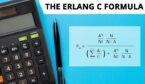 A black calculator with pen on solid blue background with the erlang c formula