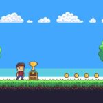 Pixel art game scene with ground, grass, trees, sky, clouds, character, coins, treasure chests and 8-bit heart