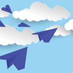 5 paper aeroplanes moving through 5 paper clouds