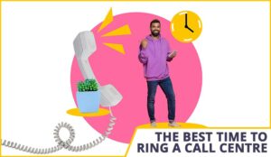Best time to ring a call centre concept with person holding mobile, a landline phone and a clock