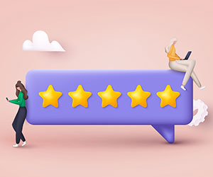 Two people with review stars in speech bubble