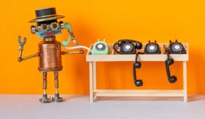 Robot bot operator holding vintage phone