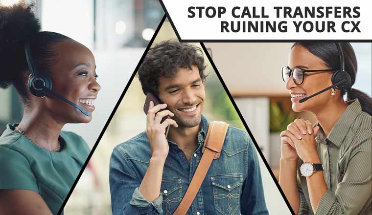 Two call centre agents and a customer on the phone - call transfer concept