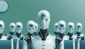 Identical AI Robots sitting at office desks