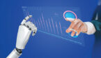 Persons hand and robot hand touching a virtual screen