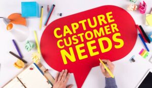 Capture customer needs concept with speech bubbles and stationary