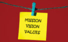 Post it note saying 'Mission', 'vision', 'Values' on it