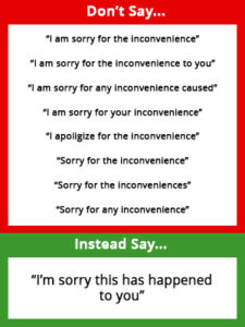 A picture of a chart with replacements for the phrase "sorry for the inconvenience"