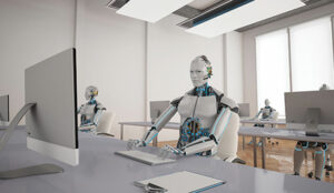 Robot in a call centre with headset on