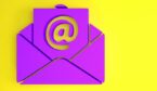 Purple Mail and e-mail icon isolated on yellow background