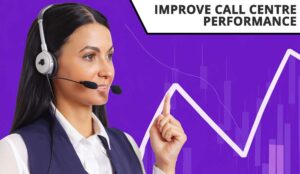 Call centre agent pointing at a line graph positive correlation