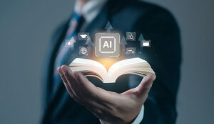 AI Education Book on hand of businessman with icon AI Education