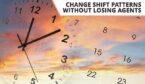 Shift planning and change concept with clock and calendar over sky