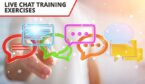 Seven chat bubbles with person pointing at one behind - live chat training concept