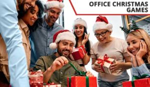 People exchanging gifts in office at christmas