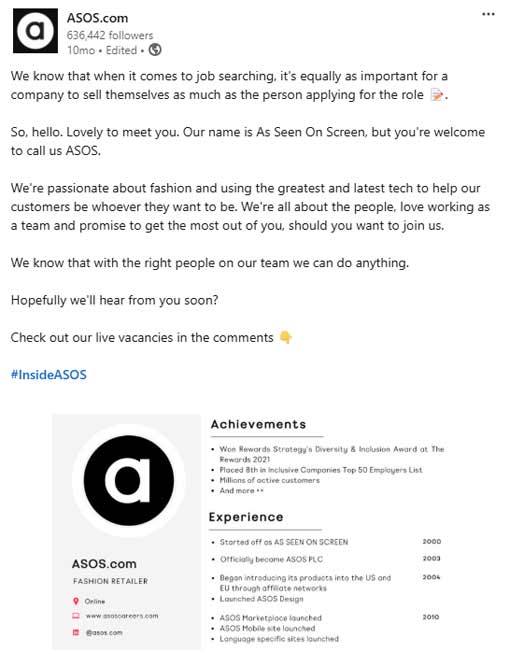 ASOS job advert on LinkedIn