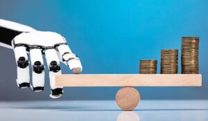 Robot Balancing Stacked Coins With Finger On Wooden Seesaw Against Blue Background