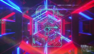 Image of security padlock icon over neon glowing tunnel in seamless pattern