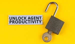 Open lock and key with the words unlock agent productivity