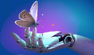 Robot hand holding a butterfly