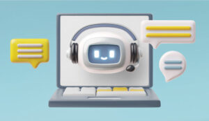 robot with headphones and speech bubbles on an open laptop