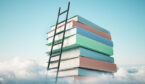 A book stack with ladder on sky with clouds - development of skills concept